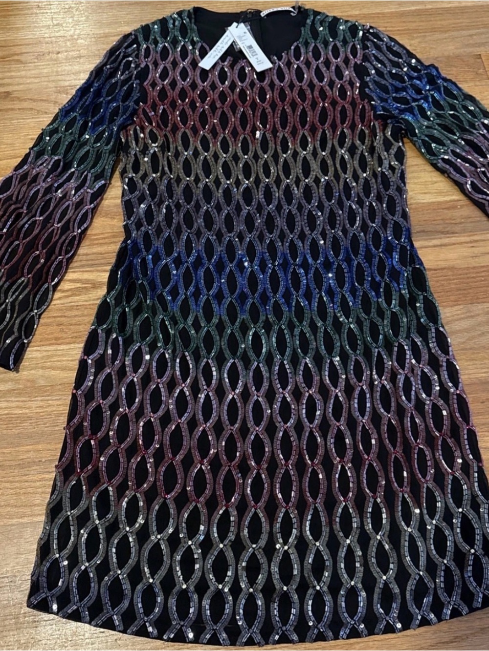 Alice + Olivia Black Long-Sleeve Sequin Chain-Link Dress with Multicolor Accents